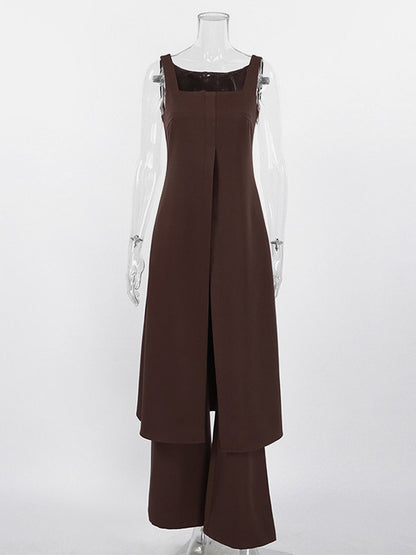 Two Piece Sets Brown Sleeveless Casual Vest Pant Set