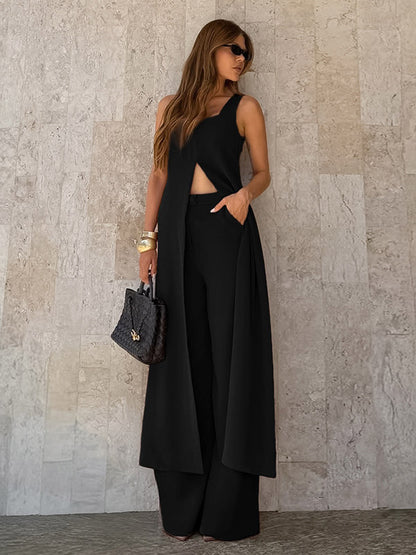 Two Piece Sets Brown Sleeveless Casual Vest Pant Set