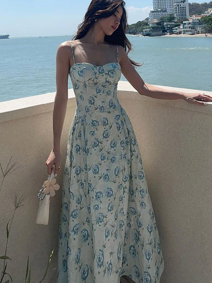 Vacation Dresses Maxi Sleeveless Floral Print Straps Neck Chic Green Dress