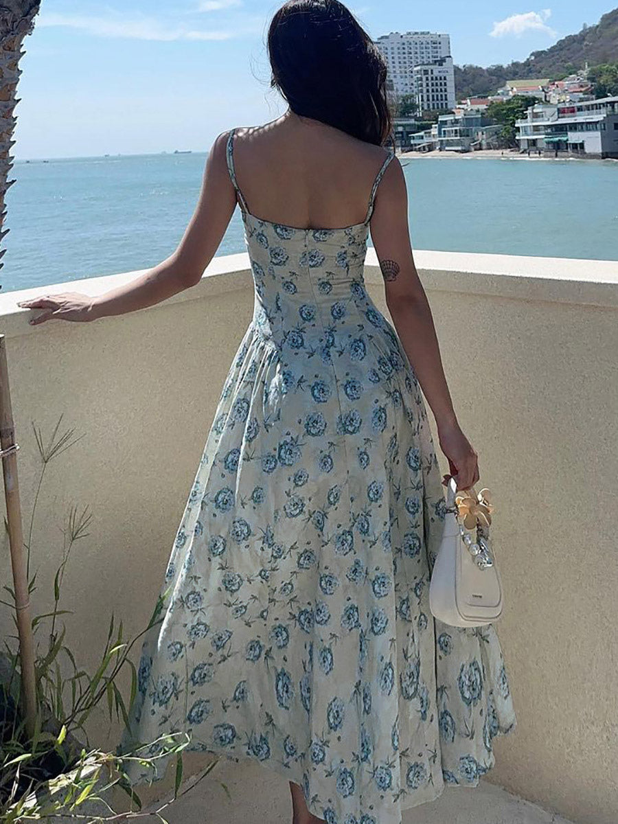 Vacation Dresses Maxi Sleeveless Floral Print Straps Neck Chic Green Dress