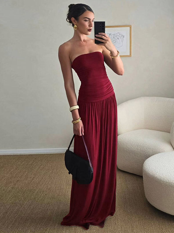 Party Dress Maxi Brown Strapless Pleated Sleeveless Clothes Sexy Semi Formal Dress