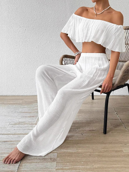 Two Piece Sets White Casual Beach Off-The-Shoulder Shaping Sleeveless Pant Set