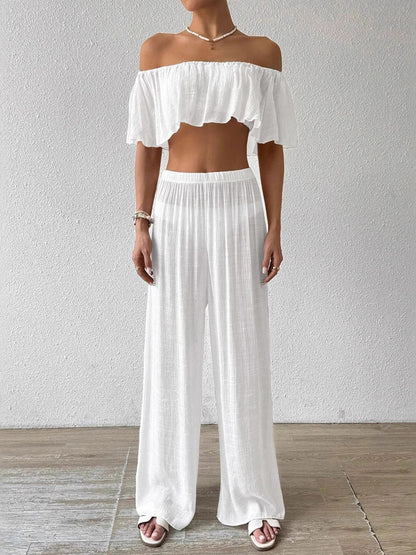 Two Piece Sets White Casual Beach Off-The-Shoulder Shaping Sleeveless Pant Set