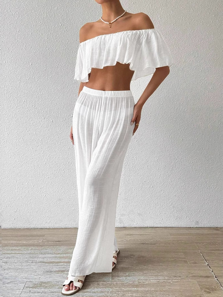 Two Piece Sets White Casual Beach Off-The-Shoulder Shaping Sleeveless Pant Set