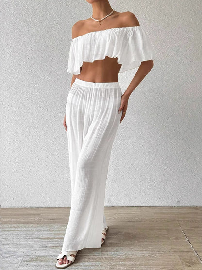 Two Piece Sets White Casual Beach Off-The-Shoulder Shaping Sleeveless Pant Set