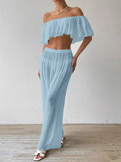 Two Piece Sets White Casual Beach Off-The-Shoulder Shaping Sleeveless Pant Set