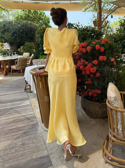 Two Piece Sets Yellow Casual Street Wear V-Neck Puff Sleeves 3/4 Length Sleeves Skirt Set