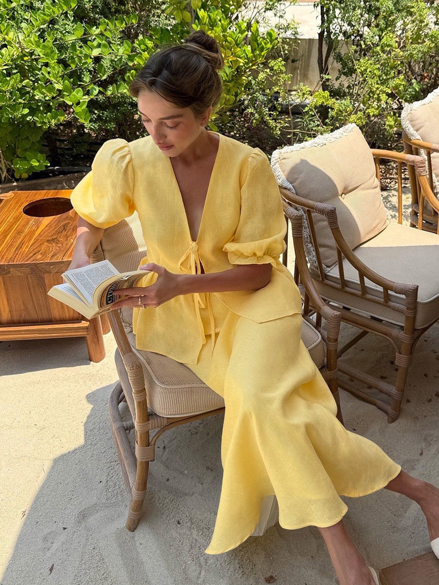 Two Piece Sets Yellow Casual Street Wear V-Neck Puff Sleeves 3/4 Length Sleeves Skirt Set