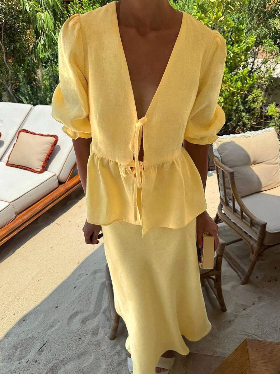 Two Piece Sets Yellow Casual Street Wear V-Neck Puff Sleeves 3/4 Length Sleeves Skirt Set