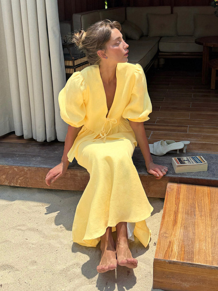 Two Piece Sets Yellow Casual Street Wear V-Neck Puff Sleeves 3/4 Length Sleeves Skirt Set