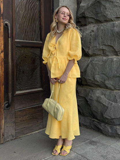 Two Piece Sets Yellow Casual Street Wear V-Neck Puff Sleeves 3/4 Length Sleeves Skirt Set