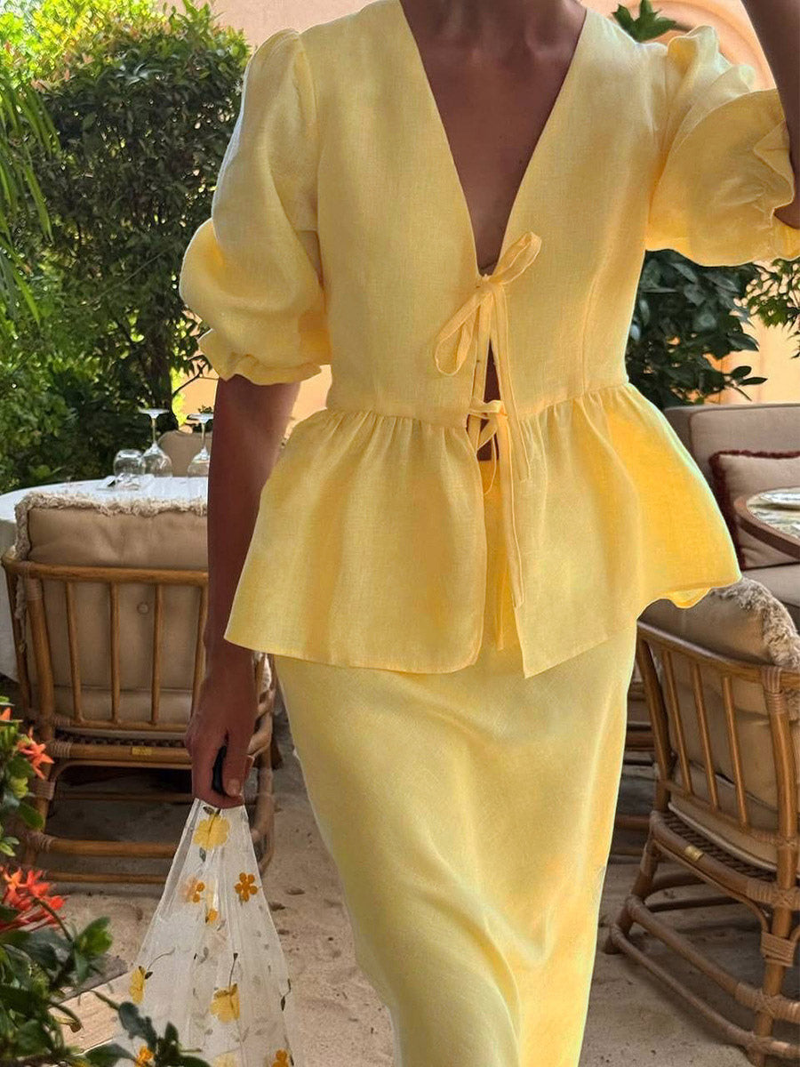 Two Piece Sets Yellow Casual Street Wear V-Neck Puff Sleeves 3/4 Length Sleeves Skirt Set