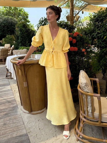 Two Piece Sets Yellow Casual Street Wear V-Neck Puff Sleeves 3/4 Length Sleeves Skirt Set