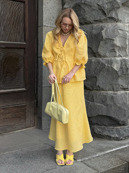 Two Piece Sets Yellow Casual Street Wear V-Neck Puff Sleeves 3/4 Length Sleeves Skirt Set