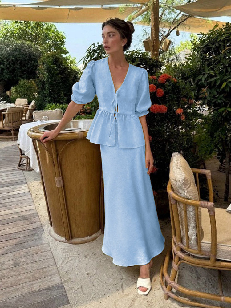 Two Piece Sets Yellow Casual Street Wear V-Neck Puff Sleeves 3/4 Length Sleeves Skirt Set