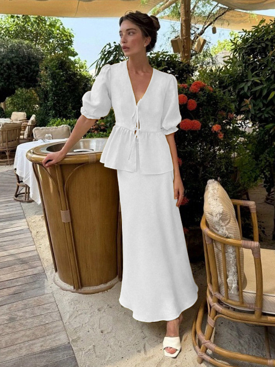 Two Piece Sets Yellow Casual Street Wear V-Neck Puff Sleeves 3/4 Length Sleeves Skirt Set