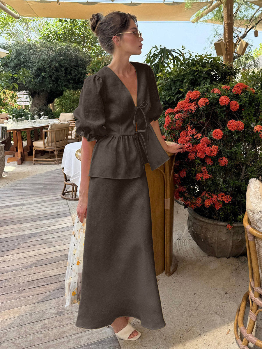 Two Piece Sets Yellow Casual Street Wear V-Neck Puff Sleeves 3/4 Length Sleeves Skirt Set