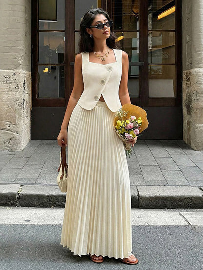 Two Piece Sets Apricot Dating Chic Jewel Neck Sleeveless Skirt Set