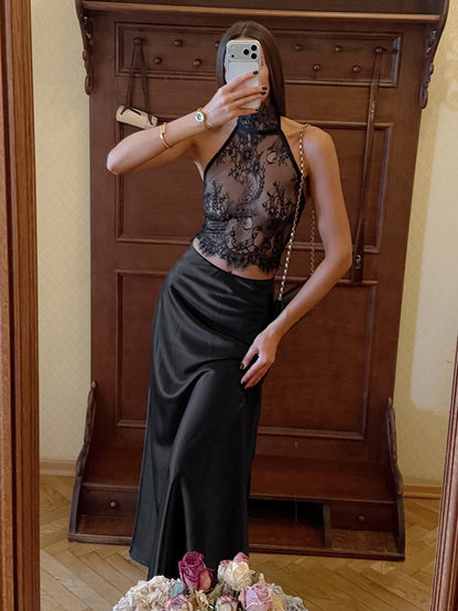 Two Piece Sets Black Daily Casual Lace Chic Sleeveless Skirt Set