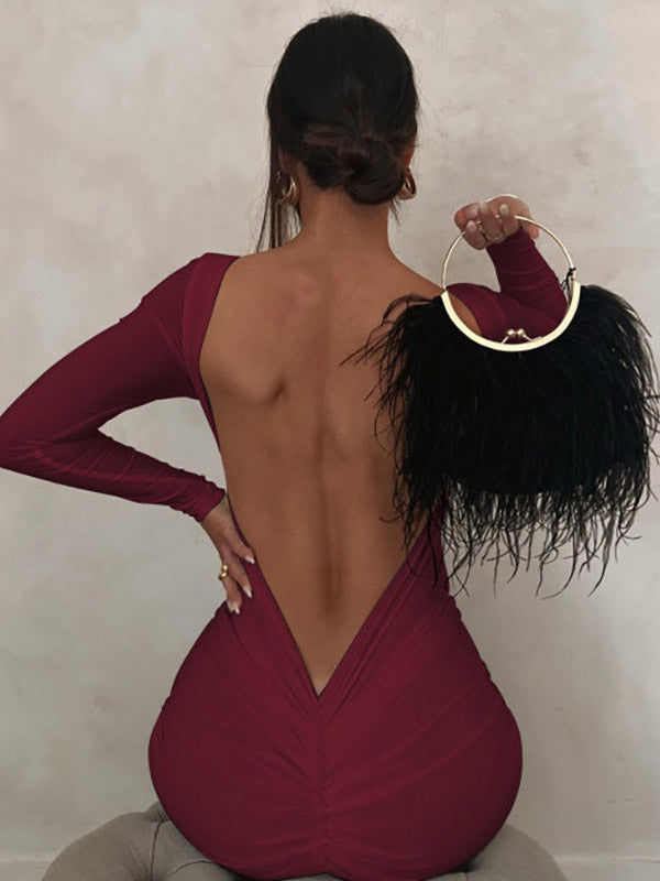 Party Dress Maxi Burgundy Long Sleeves Sexy Semi Formal Dress