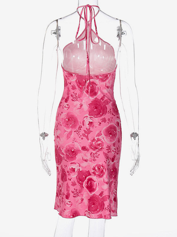 Night Out Dresses Rose Floral Print Sleeveless Halter Summer Dress