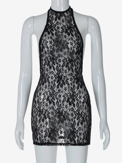 Night Out Dresses Black Floral Print Sleeveless Halter Sheer Summer Dress
