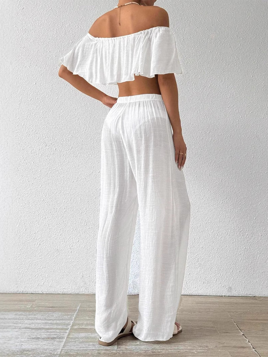 Two Piece Sets White Casual Beach Off-The-Shoulder Shaping Sleeveless Pant Set