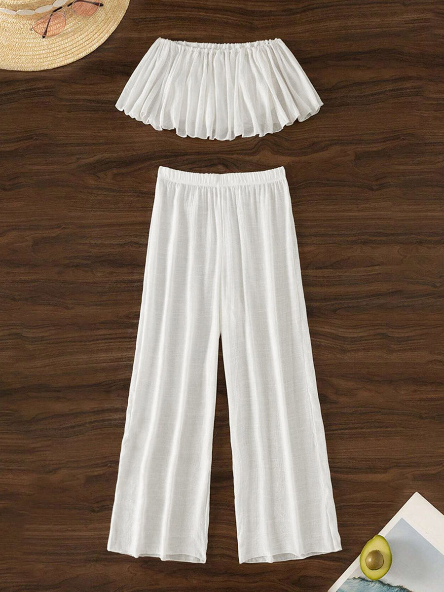 Two Piece Sets White Casual Beach Off-The-Shoulder Shaping Sleeveless Pant Set