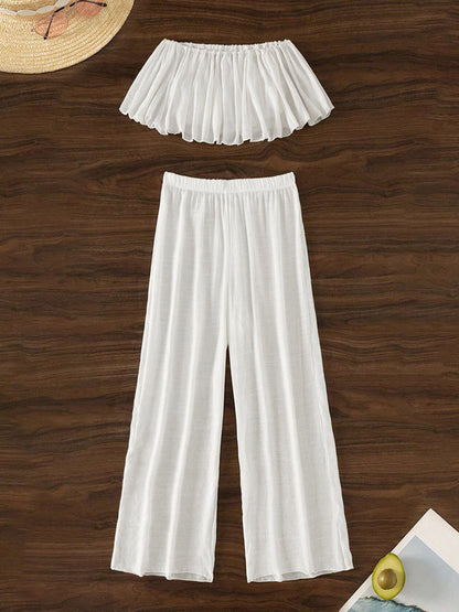 Two Piece Sets White Casual Beach Off-The-Shoulder Shaping Sleeveless Pant Set