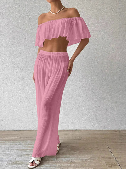 Two Piece Sets White Casual Beach Off-The-Shoulder Shaping Sleeveless Pant Set