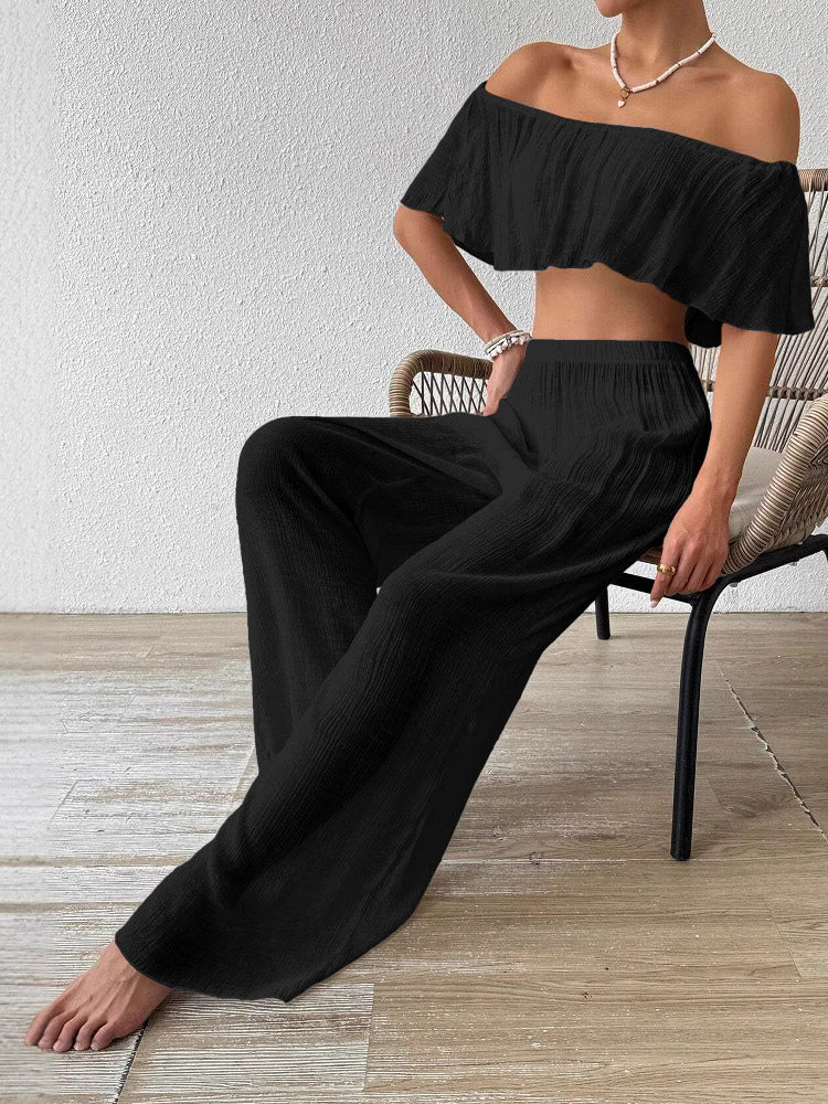 Two Piece Sets White Casual Beach Off-The-Shoulder Shaping Sleeveless Pant Set