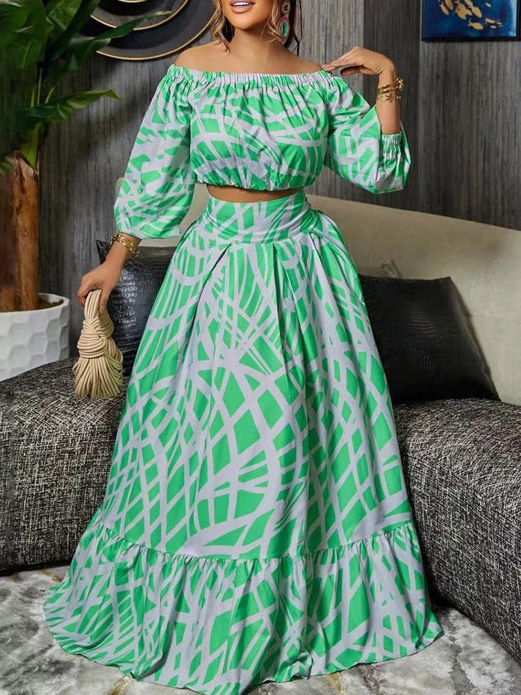 Two Piece Sets Green Elegant Beach Jewel Neck Puff Sleeves Half Sleeves Skirt Set