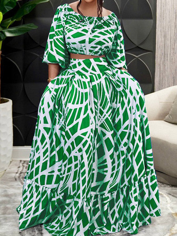 Two Piece Sets Green Elegant Beach Jewel Neck Puff Sleeves Half Sleeves Skirt Set