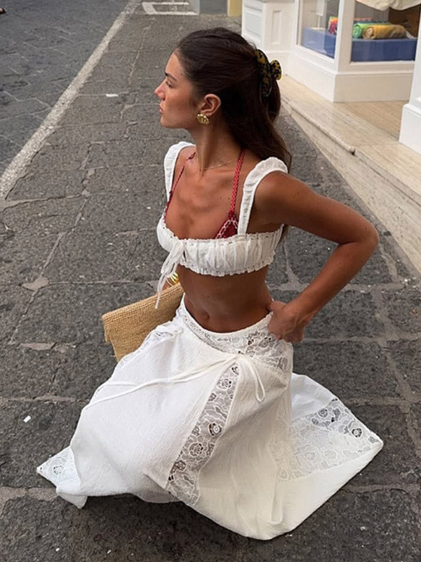 Two Piece Sets White Casual Cut Out Beach Shaping Sleeveless Skirt Set