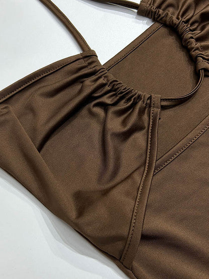 Night Out Dresses Deep Brown Polyester Sleeveless Halter Backless Summer Dress