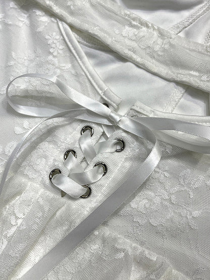 Date Night Dresses Mini Backless Lace Up Lace Sleeveless V-Neck Sexy White Dress