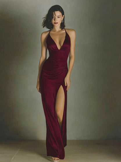 Party Dress Maxi Dark Red Halter Lace Up Sleeveless Backless Chic Semi Formal Dress