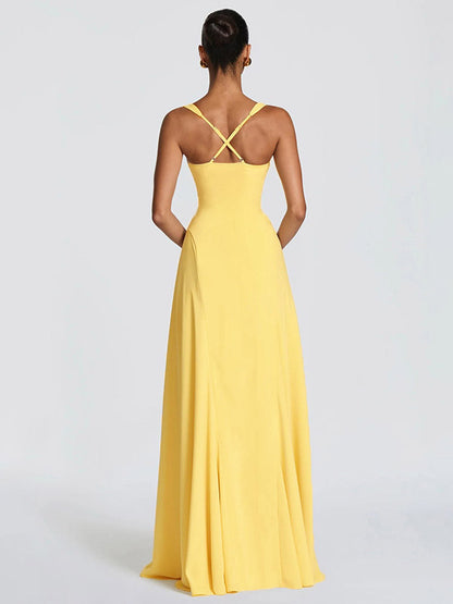 Party Dress Maxi Beige Halter Pleated Sleeveless Backless Chic Semi Formal Dress