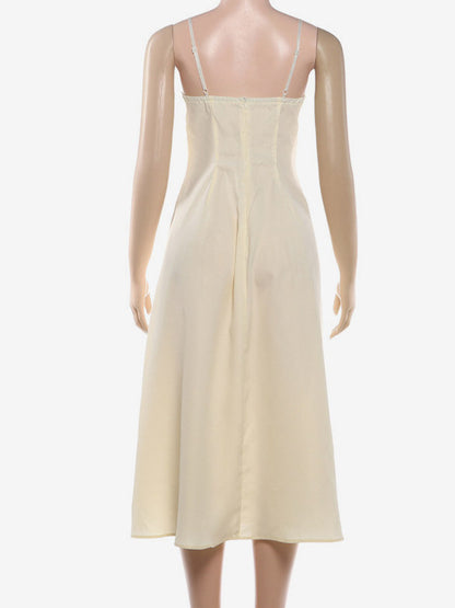 Daily Dresses Maxi Sleeveless Straps Neck Raised Waist Sexy Backless Pleated Apricot Dress