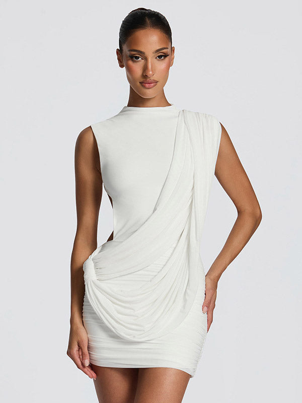 Party Dress Mini Brown Jewel Neck Pleated Sleeveless Backless Sexy Semi Formal Dress