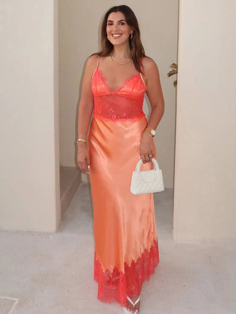 Daily Dresses For Women Maxi Orange Backless Ruffles Sleeveless Straps Neck Dress