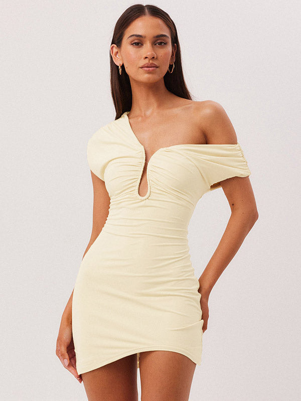 Party Dress Mini Brown One-Shoulder Pleated Backless Sexy Semi Formal Dress