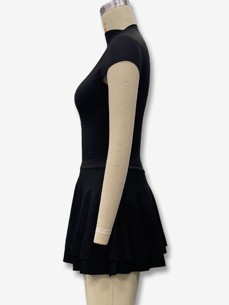 Party Dress Mini Khaki High Collar Pleated Short Sleeves Clothes Sexy Semi Formal Dress
