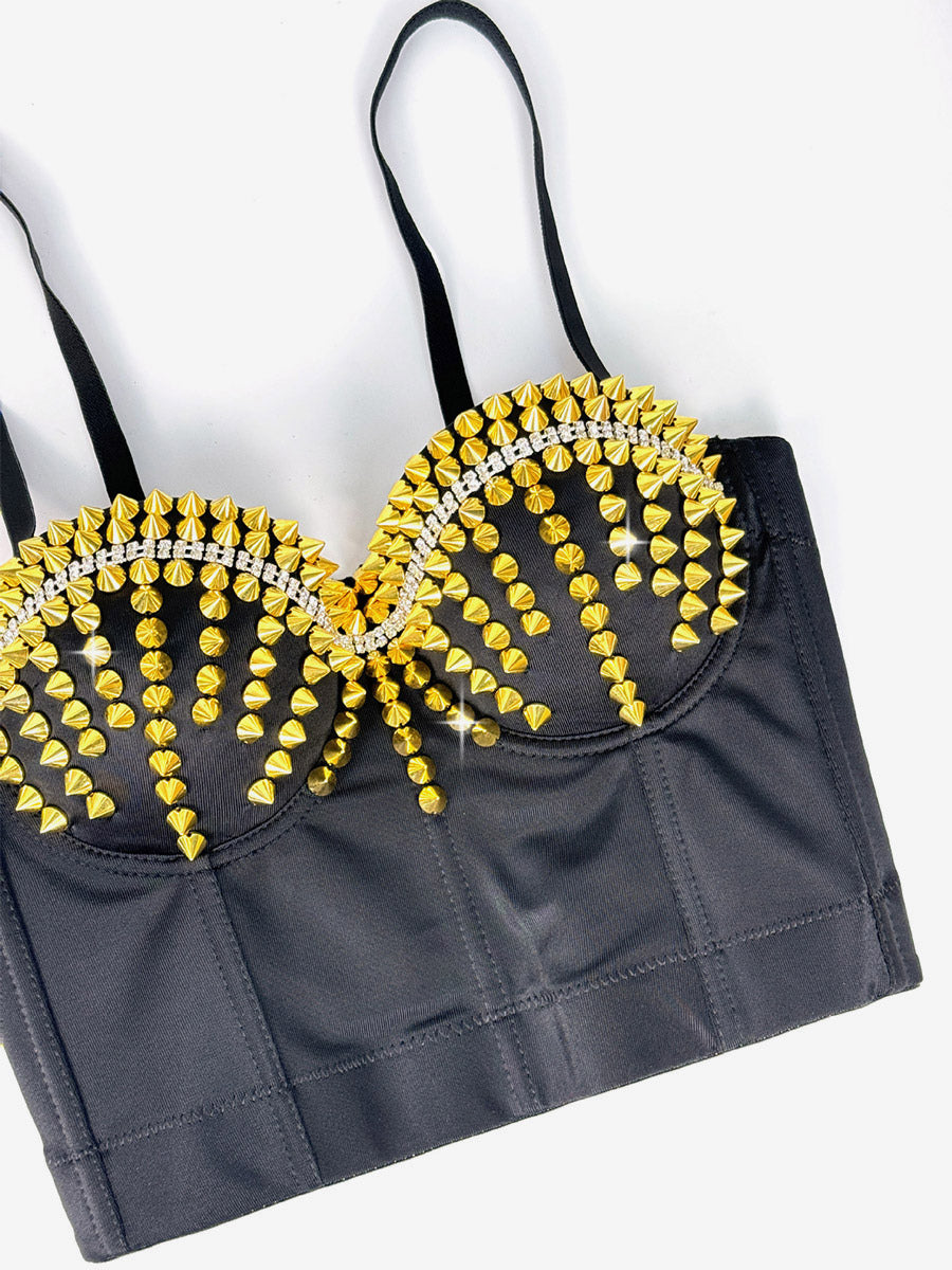 Corset Tops Black Gold Sexy Sleeveless Straps Neck Slim Fit Rivets Tops