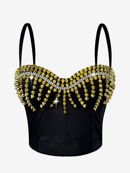 Corset Tops Black Gold Sexy Sleeveless Straps Neck Slim Fit Rivets Tops