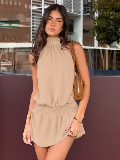 Daily Dresses Mini Khaki Sleeveless Backless High Collar Natural Waist Dress