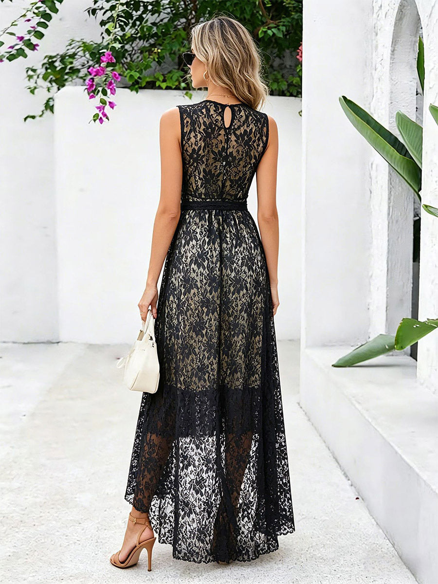 Daily Dresses Maxi Sleeveless Jewel Neck Natural Waist Elegant Lace White Dress
