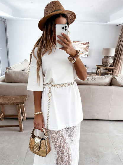 Date Night Dresses Maxi Lace Short Sleeves Jewel Neck Elegant White Dress