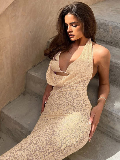 Party Dress Maxi Apricot V-Neck Lace Sleeveless Clothes Elegant Semi Formal Dress