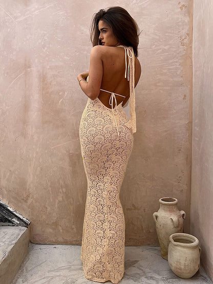 Party Dress Maxi Apricot V-Neck Lace Sleeveless Clothes Elegant Semi Formal Dress